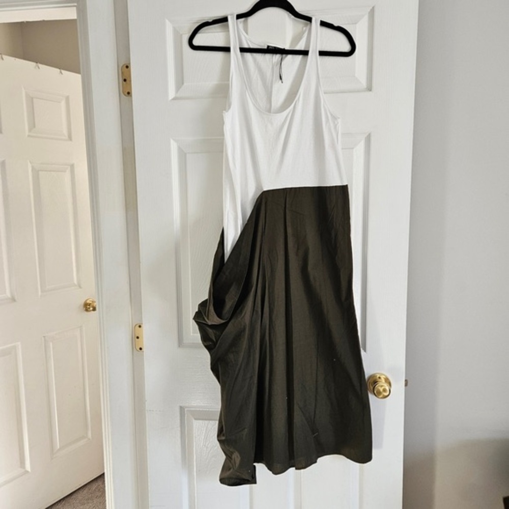Zara White and Olive Green Asymmetrical Tank Dress